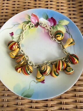 Vintage 30's Early Unsigned Miriam Haskell Painted wood Celluloid Chain Necklace